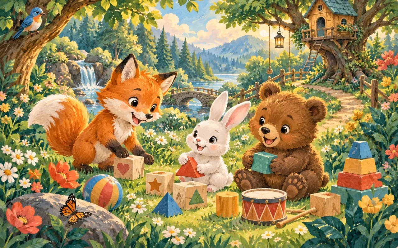 A happy fox, rabbit and bear discover number blocks, letters, shapes and music in a sunlit garden.