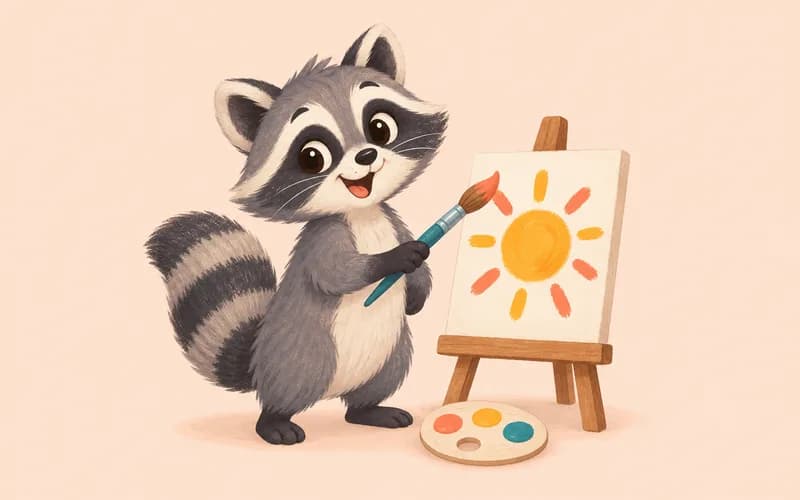 A raccoon holds a paintbrush beside a small easel and palette.