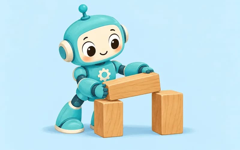 A turquoise robot adds a wooden block to a small block bridge.