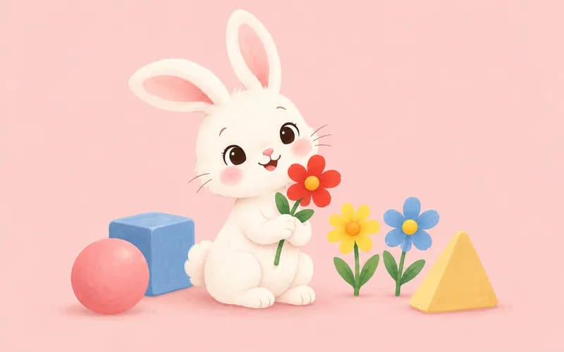 Momo the white rabbit holds a red flower beside colorful flowers and shape toys.