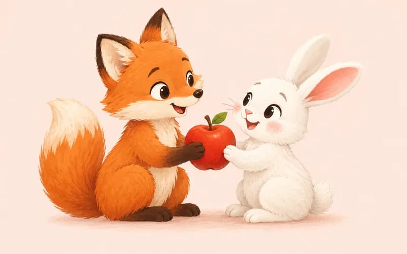 A fox and rabbit smile as they share an apple.