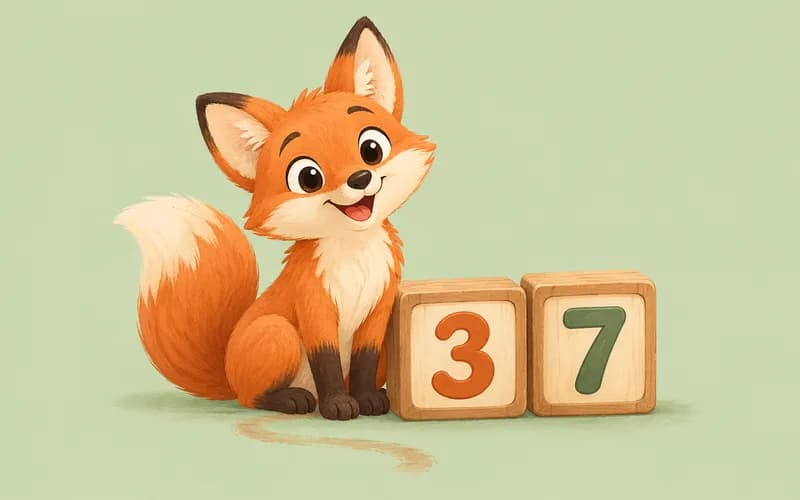 A friendly orange fox sits beside two wooden number blocks.