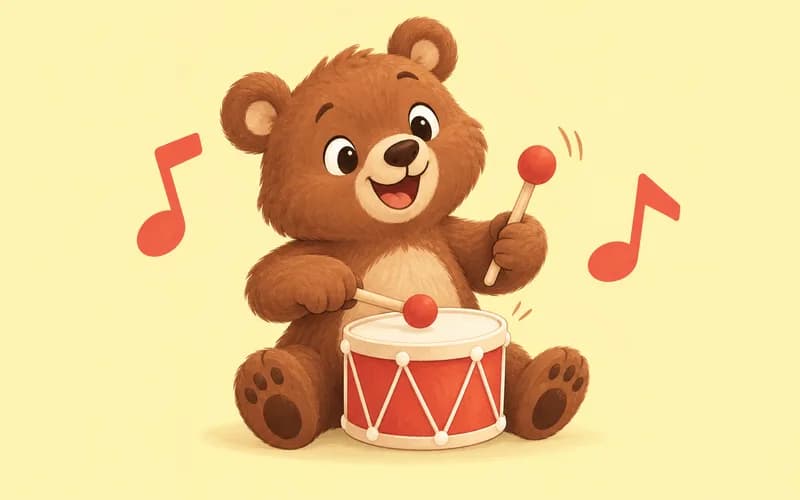 A cheerful bear taps a small drum beside two music notes.