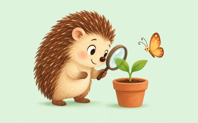 A hedgehog examines a potted seedling with a magnifying glass and a nearby butterfly.
