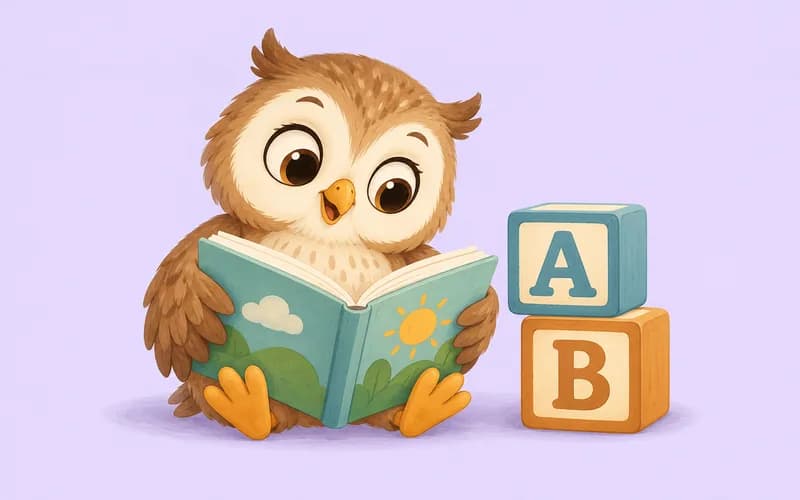 A friendly owl opens a book beside A and B letter blocks.